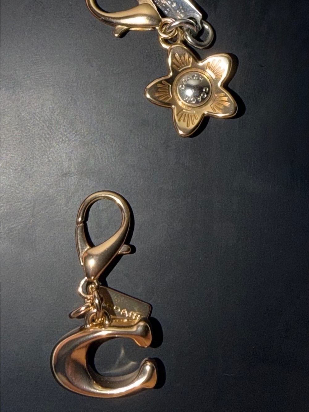 Coach Gold-Tone 'C' and Flower Charm Keychain